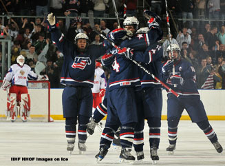 Under 18 USA Hockey Team Celebrates in Gold Medal Game Against Russians