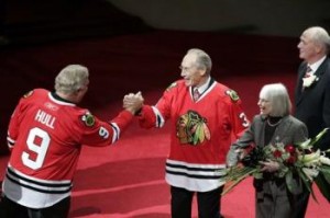 Bobby Hull Congratulating Pierre Pilote on His Jersey Retirement