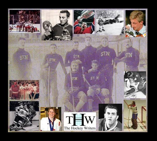History stays alive as the background of today's game, an eternal home for hockey's most iconic and affective images.  From top left, clockwise: 1980 USA Olympic gold; Jacques Plante's historic masks; Patrick Roy; Bobby Orr (and Noel Picard); Wayne Gretzky goes to LA; Gordie Howe, after an on-ice collision with Ted Kennedy led to a fractured skull; Ken Dryden; Maurice "the Rocket" Richard, aka "the Red Glare"; Hayley Wickenheiser; Willie O'Ree, the NHL's first Afro-Caribbean player; Canada edges the USSR, 1972 Summit Series.