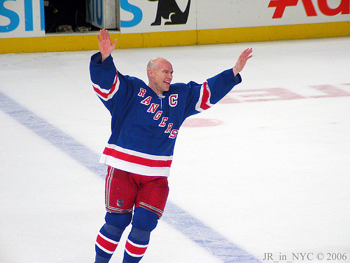 Hockey great Mark Messier hold his son, Douglas Paul Messier, during his  jersey retirement ceremony prior to the game between the Edmonton Oilers  and Phoenix Coyotes in Edmonton, Tuesday, Feb. 27, 2007. (