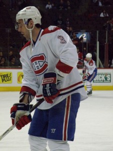 Ryan O'Byrne skates in pre-game warm up with the Montreal Canadiens. He will now be a Toronto Maple Leaf, having been traded by the Colorado Avalanche.