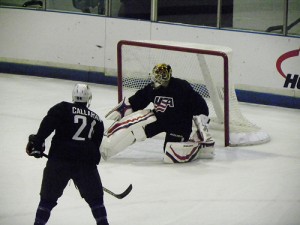 Tim Thomas takes on Ryan Callahan at practice (photo property of the author)