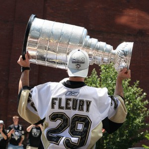 Marc-Andre Fleury reminded everyone why he hoisted the Cup last June as he stopped 37 of 38 Calgary shots. (Alicia Rae/Flickr)