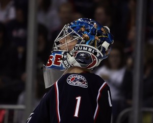 Columbus goalie Steve Mason after a 40 save shutout versus the San Jose Sharks (Dave Gainer/THW)