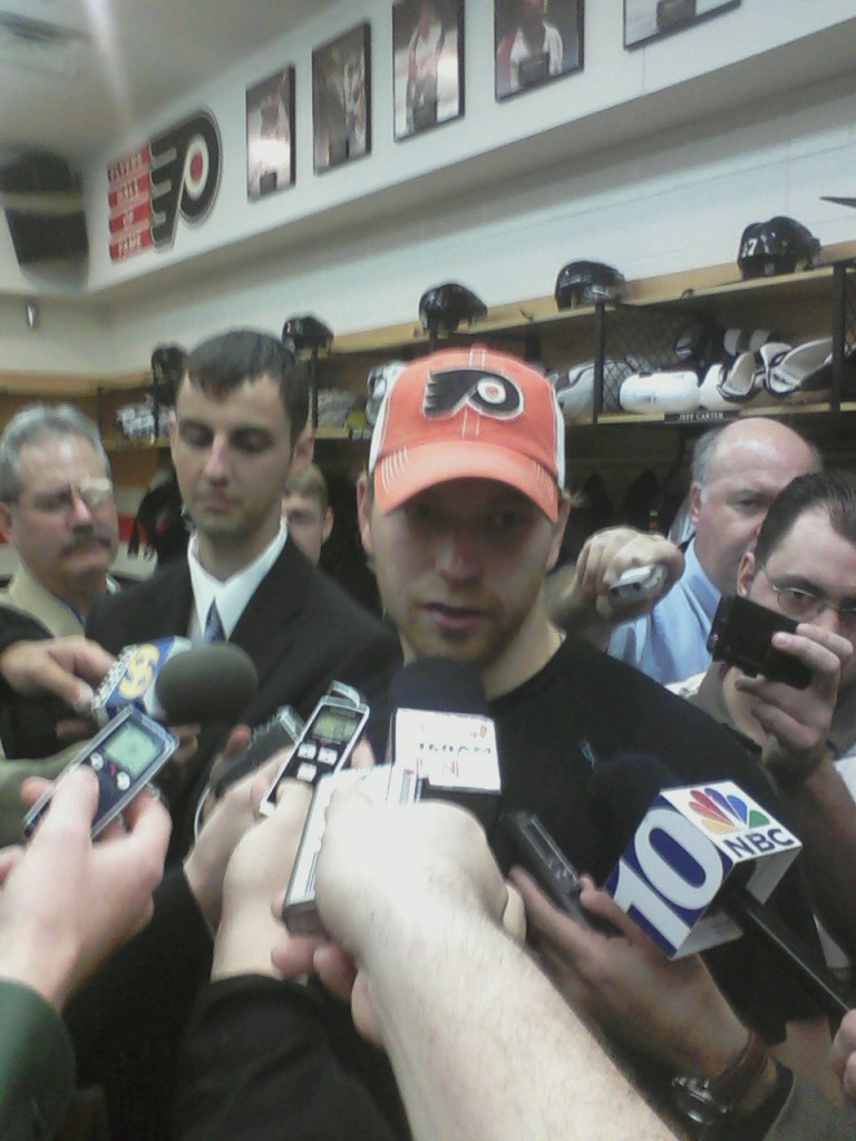 Claude Grioux talks to the media following a game (J. Johnson/THW)