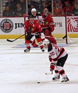 Chicago vs Devils 11/3/10 Matt Taormina lines up a shot against Marty Turco