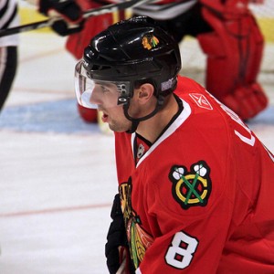 Nick Leddy during warmups for a Chicago Blackhawks game