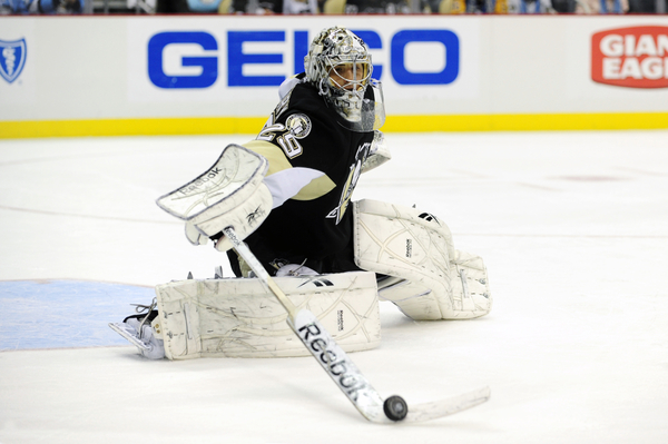 The goalie stick being used by Marc-Andre Fleury