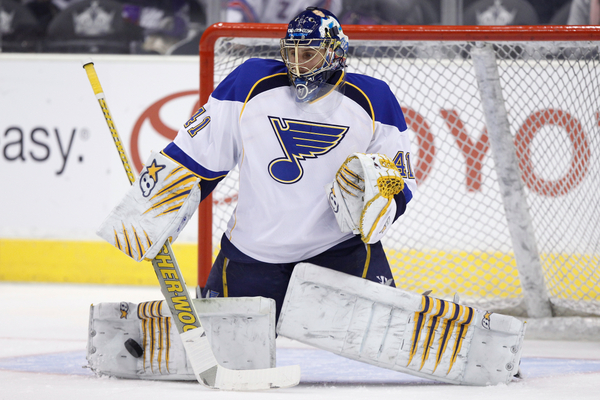 Jaroslav Halak (41) of the St. Louis Blues with a blocker save during the NHL  game between The Columbus Blue Jackets vs The St. Louis Blues at Scott  Trade Center in St.