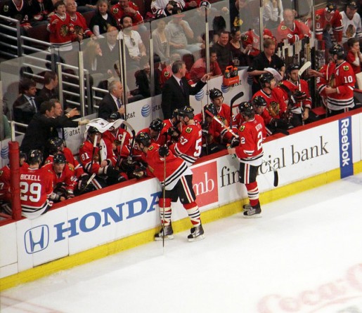 Chicago Blackhawks take their time out late in the 4/10/11 game vs Detroit