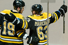 Marchand, right, leads all rookies in playoff scoring and set a Bruins rookie record for playoff goals (Photo by Chassen Ikiri).