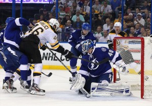 David Krejci and goalie Dustin Tokarski