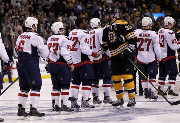 Joel Ward shakes hands with the Bruins after eliminating them. (Greg M. Cooper-US PRESSWIRE)
