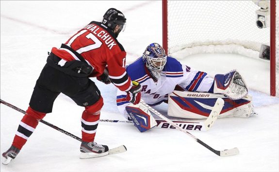 Lundqvist save on Kovalchuk shot attempt