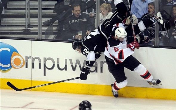 Andy Greene throws a nice hip check from time to time. (Kirby Lee/Image of Sport-US PRESSWIRE)