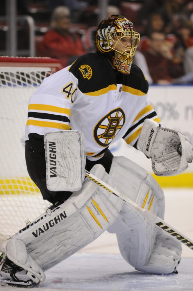 Boston Bruins goalie Hannu Toivonen of Finland warms up during the