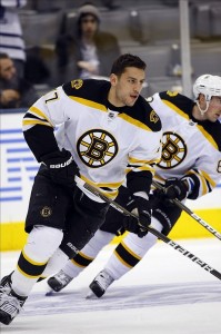 Milan Lucic let Shawn Thornton fight his battle with the Buffalo Sabres Thursday night. (John E. Sokolowski-US PRESSWIRE)