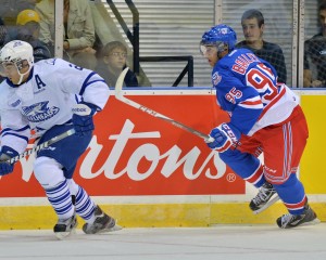 Justin Bailey (right) with the Kitchener Rangers. (Terry Wilson/OHL Images)