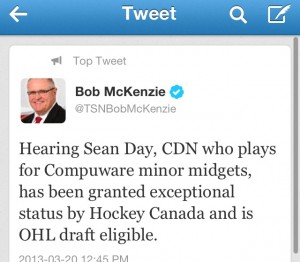 Bob McKenzie Tweet announcing Sean Day's exceptional status