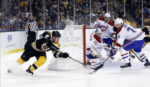 Brad Marchand defended by Montreal Canadiens defenseman Alexei Emelin