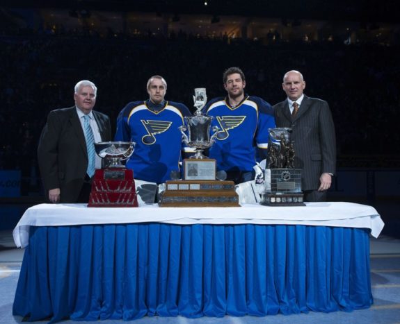 Coach Ken Hitchcock, Jaroslav Halak and goalie Brian Elliott with Blues general manager Doug Armstrong (Scott Rovak-USA TODAY Sports)