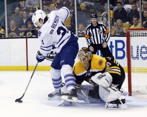 James Van Riemsdyk being a nuisance to Tuuka Rask, as he should. (Greg M. Cooper-USA TODAY Sports)