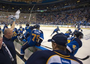 The Blues celebrate their Game 1 victory Tuesday night (Scott Rovak-USA TODAY Sports)