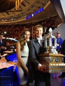 Sergei Bobrovsky and wife Olga display the Vezina.  Photo courtesy Columbus Blue Jackets