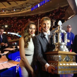 Sergei Bobrovsky and wife Olga display the Vezina.  Photo courtesy Columbus Blue Jackets