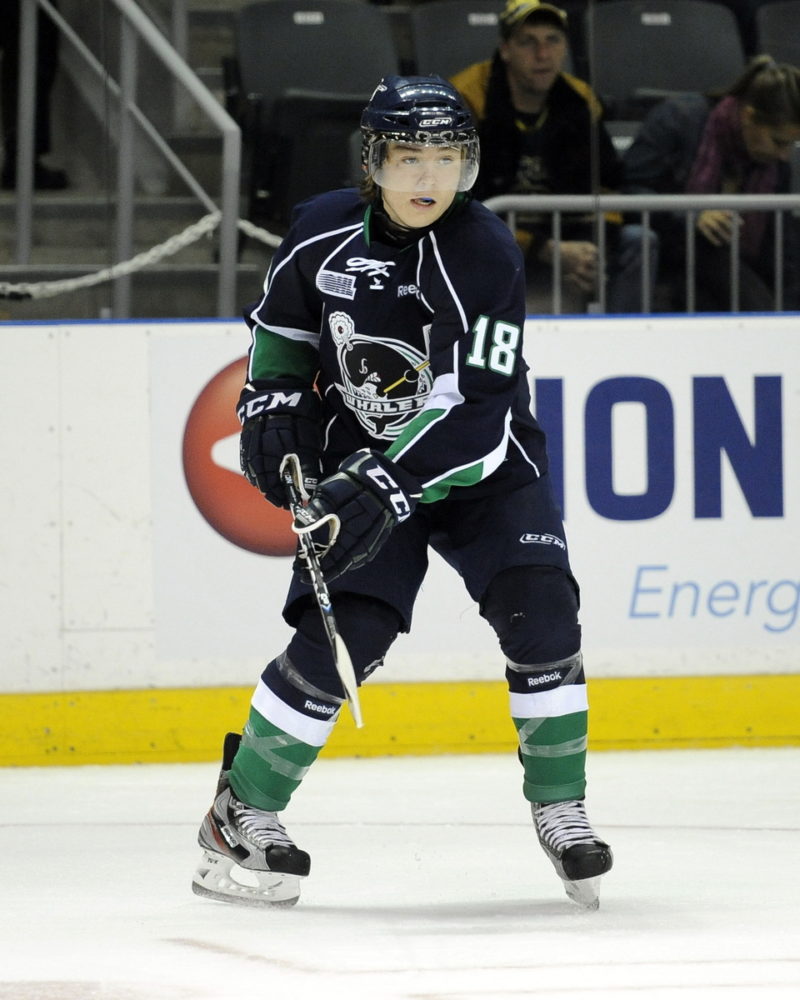 Danny Vanderwiel of the Plymouth Whalers moves the puck against