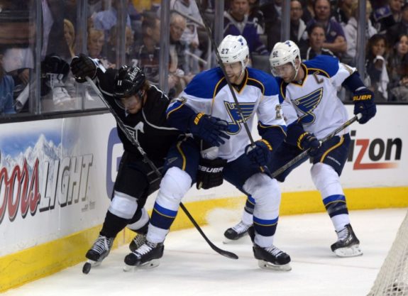 Alex Pietrangelo battles with Anze Kopitar in the 2013 playoffs (Kirby Lee-USA TODAY Sports)