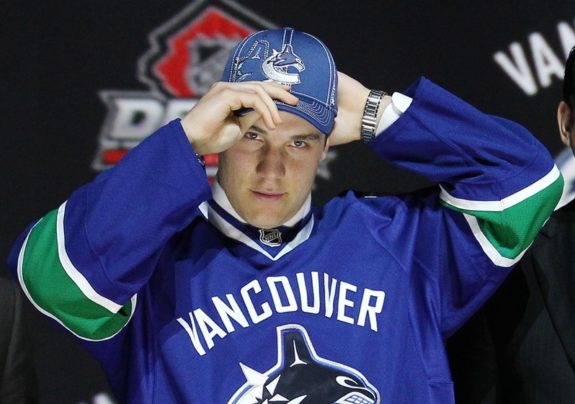 Bo Horvat of the Vancouver Canucks scored his first career NHL goal on Thursday night against the Anaheim Ducks at Rogers Arena. (Ed Mulholland-USA TODAY Sports)