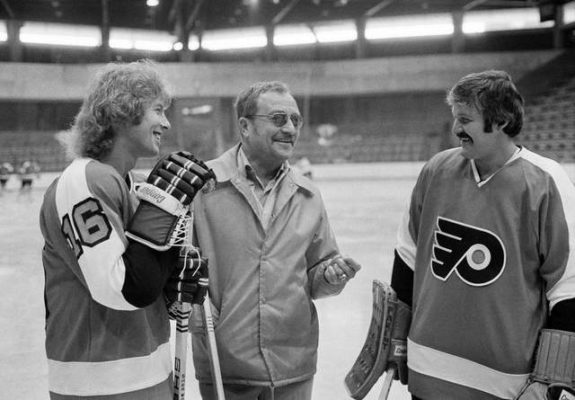 Fred Shero with Bobby Clarke and Bernie Parent