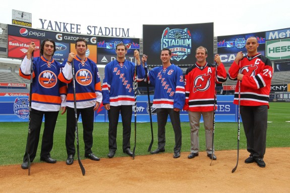 As an NHL captain Bryce Salvador gets to do cool things like taking pictures at Yankee Stadium. (Ed Mulholland-USA TODAY Sports)