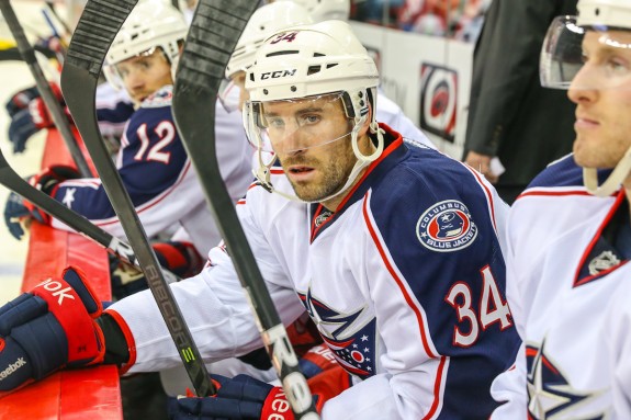 Springfield Falcons forward Andrew Joudrey with Columbus during the NHL preseason. (Credit: Andy Martin Jr.) 