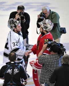 Crawford and Quick, shaking hands last postseason, have been the undoing of the Blues in the last two Game 3s (Scott Stewart-USA TODAY Sports)