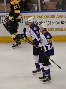 Linden Vey (9) and Tyler Toffoli (25) skate off the ice after a shift Saturday against the Providence Bruins (Josh Weinreb Photo)