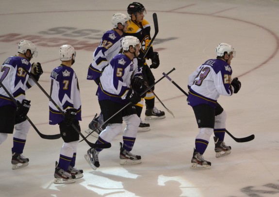 RW Brian O'Neill (23) celebrates his goal on Saturday against the Providence Bruins.