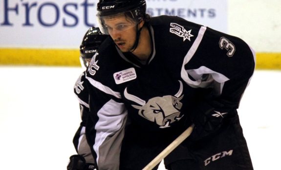 (Ross Bonander/THW) Believe it or not, Alex Petrovic — seen here as a member of the AHL's San Antonio Rampage — is now the longest-serving Florida Panthers defenceman, entering his fifth season in the organization. The elder statesman only established himself as a full-time NHLer last season but could become more of a household name in the years to come.