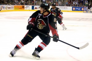 Binghamton Senators Matt Puempel and Michael Sdao. Ottawa Senators Curtis Lazar (Annie Erling Gofus/The Hockey Writers)