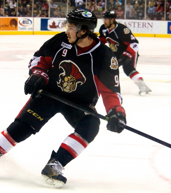 Matt Puempel as a member of the Binghamton Senators. Puempel could be a dark horse to crack the Senators line-up next season. (Annie Erling Gofus/The Hockey Writers)