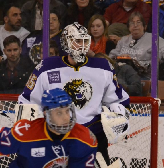 Jean-Francois Berube watches the play unfold Saturday night in a 3-2 win over the Admirals. Berube made 28 saves in the win.