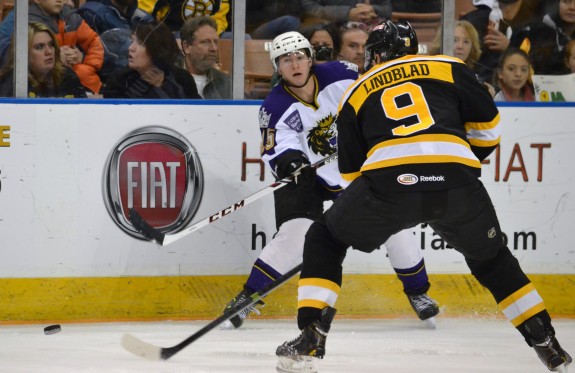 Manchester Monarchs RW Brandon Kozun makes a pass back to the point in a game this past weekend against Providence. (Josh Weinreb Photo)