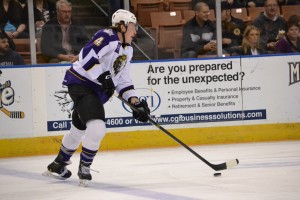 Monarchs LW Nick Deslauriers handles the puck at the point in a game this past weekend against Providence. (Josh Weinreb Photo)