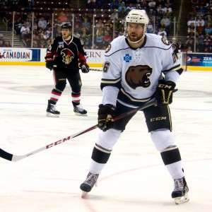 Hershey Bears' Brandon Segal and Binghamton Senators Tyler Eckford. (Annie Erling Gofus/The Hockey Writers)