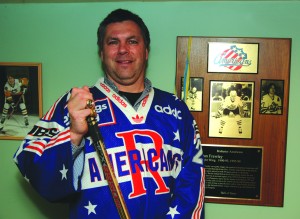 Dan Frawley played for the Rochester Americans for six seasons and was part of the 1996 Spengler Cup team. He proudly displays his jersey from the tournament. (Darren Matte/THW)
