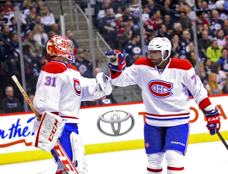 Carey Price and P.K. Subban of the Montreal Canadiens do their