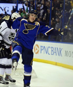 Oshie celebrates his second goal against the Kings Thursday night (Scott Rovak-USA TODAY Sports)