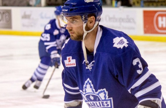 As the result of a recent #TinyTrades trade, T.J. Brennan is back with the Toronto Marlies of the AHL. (Ross Bonander/THW)