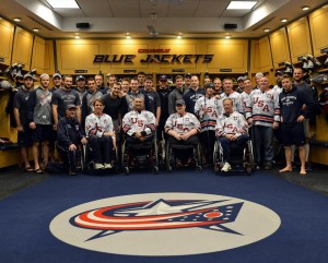 The USA Warriors visited the Columbus Blue Jackets game on Thursday night, participating in an on-ice shootout.